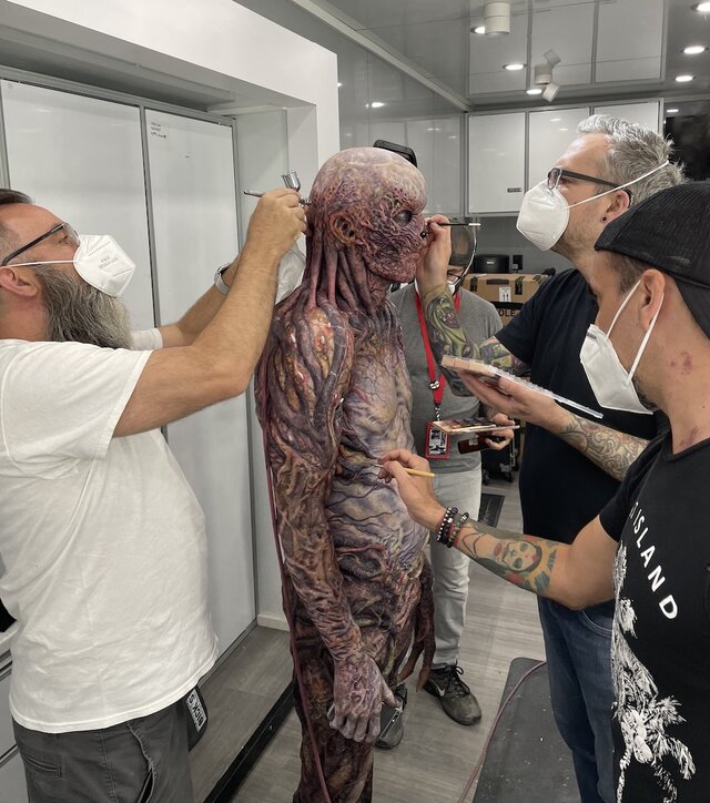 Duncan Jarman, Mike Mekash, Eric Garcia, and Nix Herrera Applying Vecna Makeup for Stranger Things Season 4.