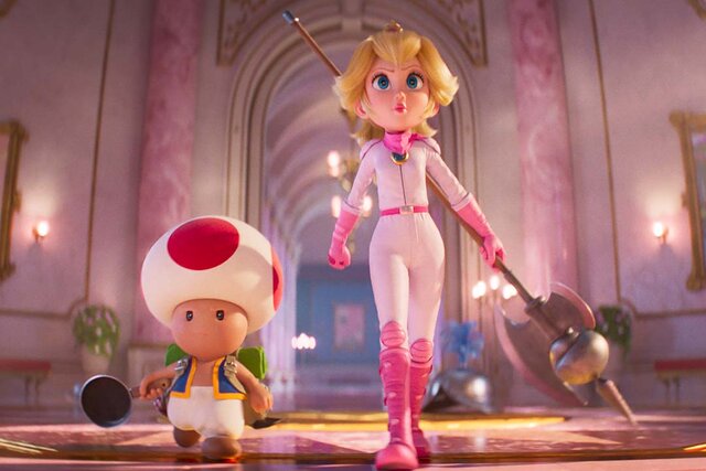 (from left) Toad and Princess Peach in The Super Mario Bros. Movie (2023)