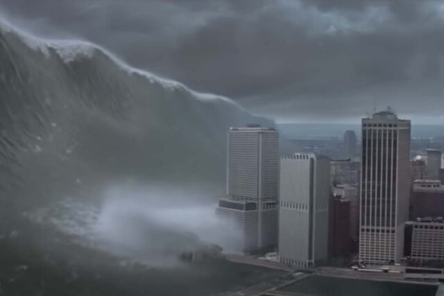 A still image of a large wave approaching New York in Deep Impact (1998)