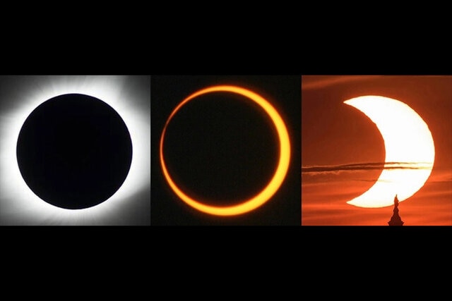 (L-R) A total solar eclipse, annular solar eclipse, and partial solar eclipse.