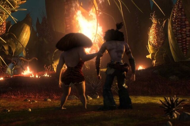 Eep and Guy look in horror at a growing wildfire in The Croods (2013)