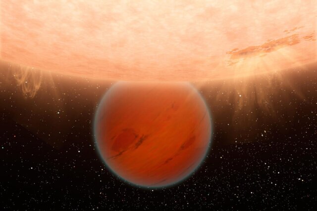An illustration of an exoplanet orbiting close to a star.