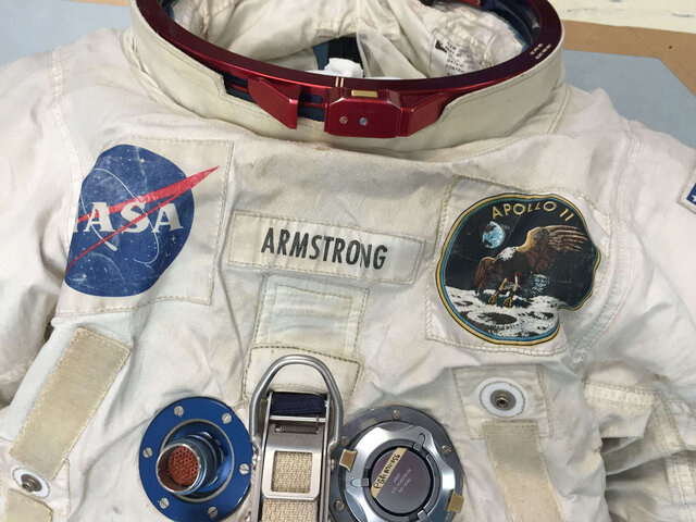 Close-up of Neil Armstrong's lunar EVA suit from Apollo 11 at the Smithsonian National Air and Space Museum's Udvar-Hazy Center. Credit: Phil Plait