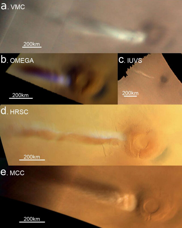 Different spacecraft camera views of the cloud forming from Arsia Mons on Mars. A) VMC on Mars Express; B) OMEGA on Mars Express; C) IUVS on MAVEN; D) HRSC on Mars Express; E) MCC on Mars Orbiter Mission. Note the shadow of the cloud on the surface. Credi