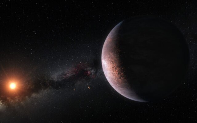 Artwork depicting a potentially habitable planet orbiting the nearby red dwarf star TRAPPIST-1. Credit: ESO / M. Kornmesser