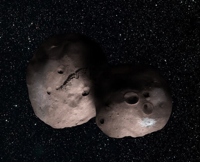 The best guess as to the shape of 2014 MU69 before the New Horizons encounter. The cratering isn't quite right, but the shape is nearly spot-on. Credit: NASA/Johns Hopkins University Applied Physics Laboratory/Southwest Research Institute/Alex Parker