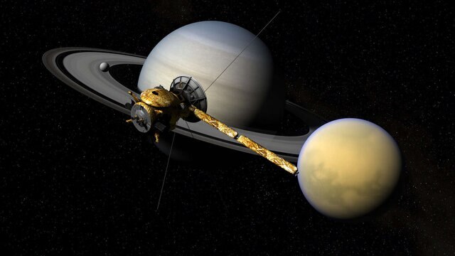 Phenomenal artwork depicting the Cassini spacecraft near Saturn and its huge moon Titan. Credits: Cassini Model: Brian Kumanchik, Christian Lopez, NASA/JPL-Caltech, and updated by Kevin M. Gill
