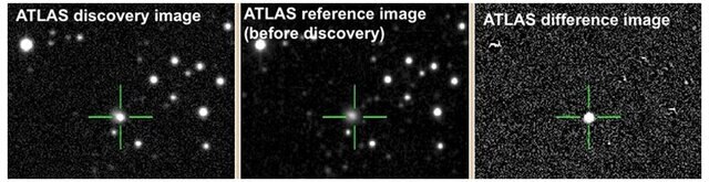 The discovery image of AT2018cow (left) shows it as a bright point source in a small galaxy (middle) in the ATLAS telescopes. Subtracting the galaxy from the first image reveals the event more clearly (right). Credit: NASA, Caltech/Palomar, ATLAS team, Da