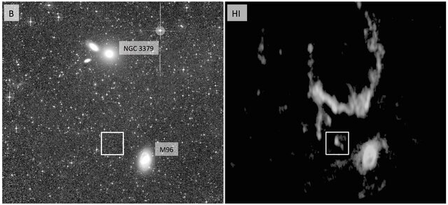 The Leo I galaxy group in blue light (left) and in radio waves tuned to see light from hydrogen atoms (right). Credit: Mihos et al. 