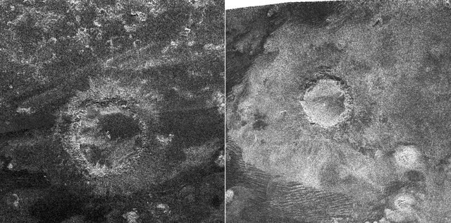 A pair of craters on Saturn’s moon Titan mapped by Cassini’s radar. Credit: NASA/JPL-Caltech/ASI