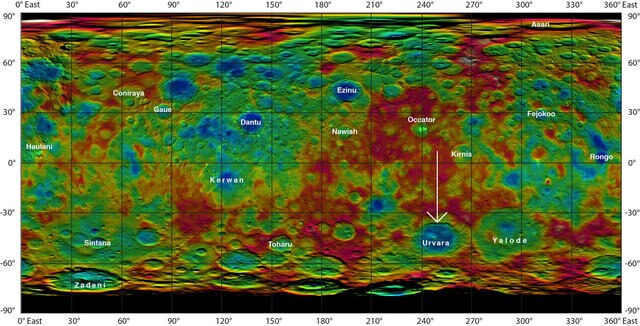 ceres_map_urvaracraterA map of Ceres showing the location of the crater Urvara (arrow). Credit: NASA/JPL-Caltech/UCLA/MPS/DLR/IDA
