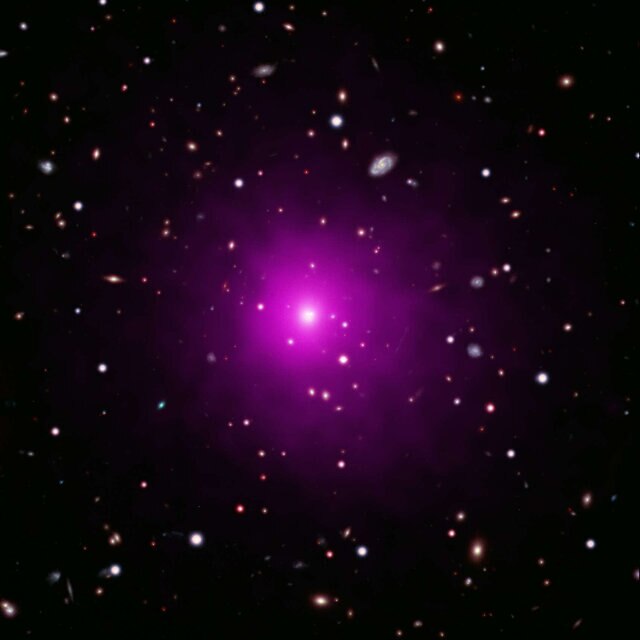 X-ray (purple) and visible light composite of the center of the galaxy cluster Abell 2261. 