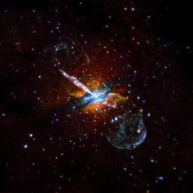 The nearby active galaxy Centaurus A, spewing out material from its central black hole.