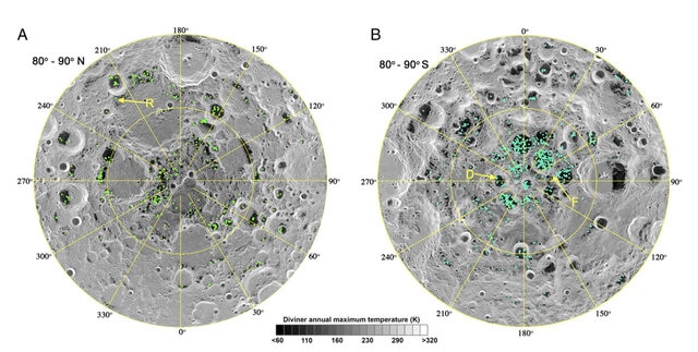 Water ice has been found on the Moon in thousands of locations (green dots) by the Moon Mineralogy Mapper on the Indian Chandrayaan-1 spacecraft. All the locations are very cold, and the ice is within millimeters of the surface. Credit: Li et al