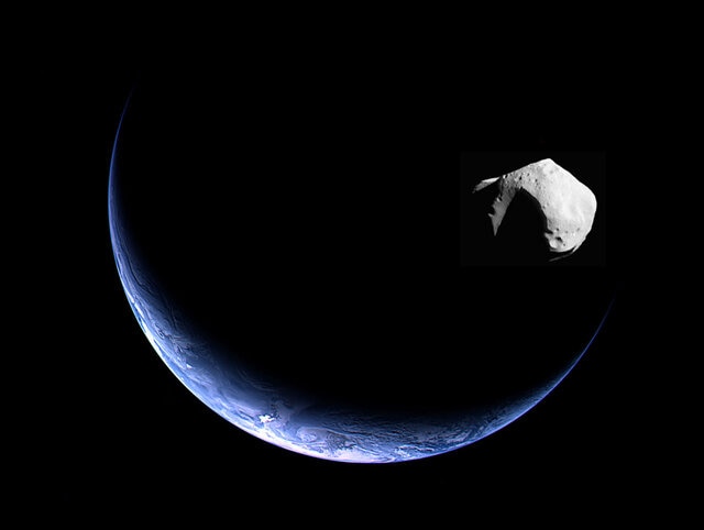 Illustration of a near-Earth asteroid, created using actual space images of Earth and the asteroid Mathilde. Credit: Earth: ESA/Rosetta; asteroid Mathilde: NASA/NEAR