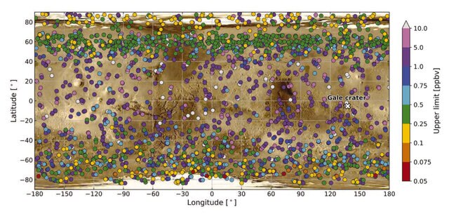The specific locations where NOMAD looked for evidence of methane on Mars. The colors represent the upper limits to its measurements (scalebar on right, in units of parts per billion by volume). Credit: Knutsen et al.