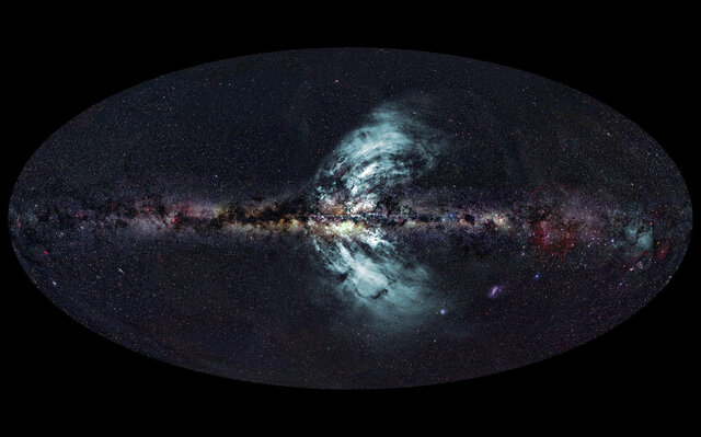 Two huge eruptions of material are streaming out of the Milky Way, seen in gamma rays by the Fermi space telescope. Credit: Ettore Carretti, CSIRO (radio image); S-PASS survey team (radio data); Axel Mellinger, Central Michigan University (optical image);