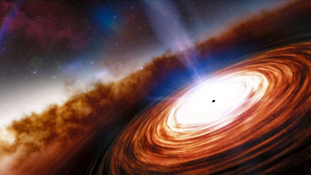 Artwork depicting the accretion disk around a supermassive black hole in a quasar, creating a jet of matter blowing outwards. Credit: NOIRLab/NSF/AURA/J. da Silva