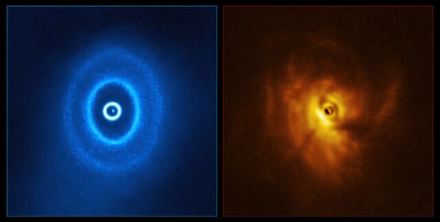 ALMA observations of the trinary star GW Ori (left) highlight the rings of gas and dust around it, while Very Large Telescope images (right) show the shadows in the dust that allowed astronomers to infer the 3D structure. Credit: ALMA (ESO/NAOJ/NRAO), ESO