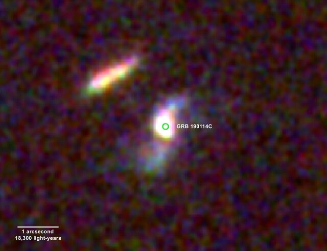 The host galaxy of GRB 190114C, 4.5 billion light years from Earth. Credit: NASA, ESA, and V. Acciari et al. 2019