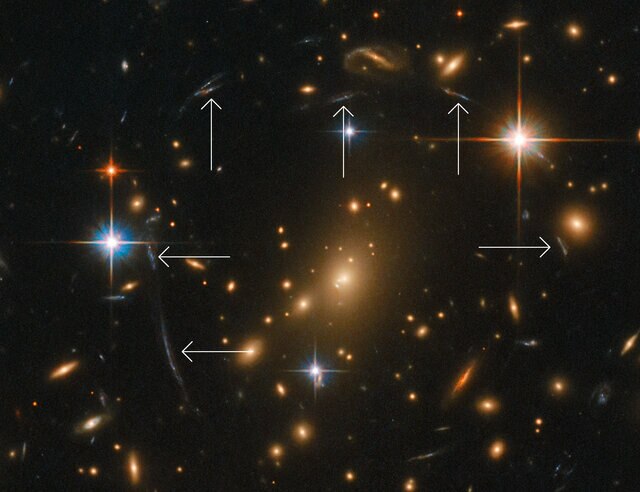 Detail of the Hubble image of the galaxy cluster RXC J0142.9+4438 shows several distorted galaxy images due to gravitational lensing. Credit: ESA/Hubble & NASA, RELICS