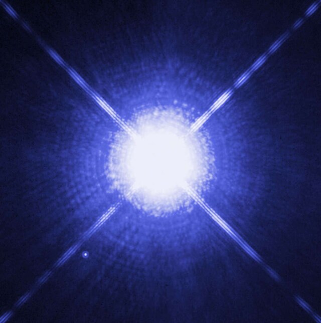 Hubble image of Sirius, showing the bright normal star and, to the lower left, its white dwarf companion, the nearest known of its kind. Happily, they are too far apart to become a nova or supernova.