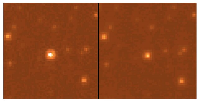 Hubble images of the lensing event in 2007 (left) when it was fading, and a few months later (right) in 2008 when the event was over. Credit: Bennett et al.