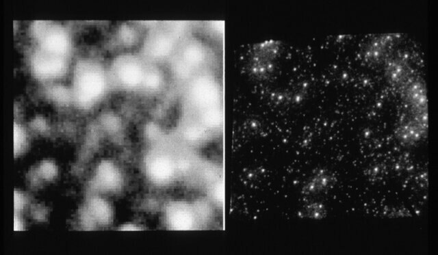 M 14 is a globular cluster observed by Hubble not long after it launched in 1990. Ground-based observations (left) lack resolution, while Hubble easily sees individual stars (right).Credit: NASA, ESA, and STScI / Cerro Tololo Inter-American Observatory, 