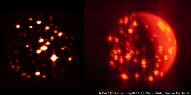 Two views of Io in the infrared from Juno. Left: Io in Jupiter’s shadow with volcanoes glowing brightly. Right: Io partially lit by the Sun. Credit: NASA/JPL-Caltech/SwRI/INAF for both, right processed by Roman Tkachenko