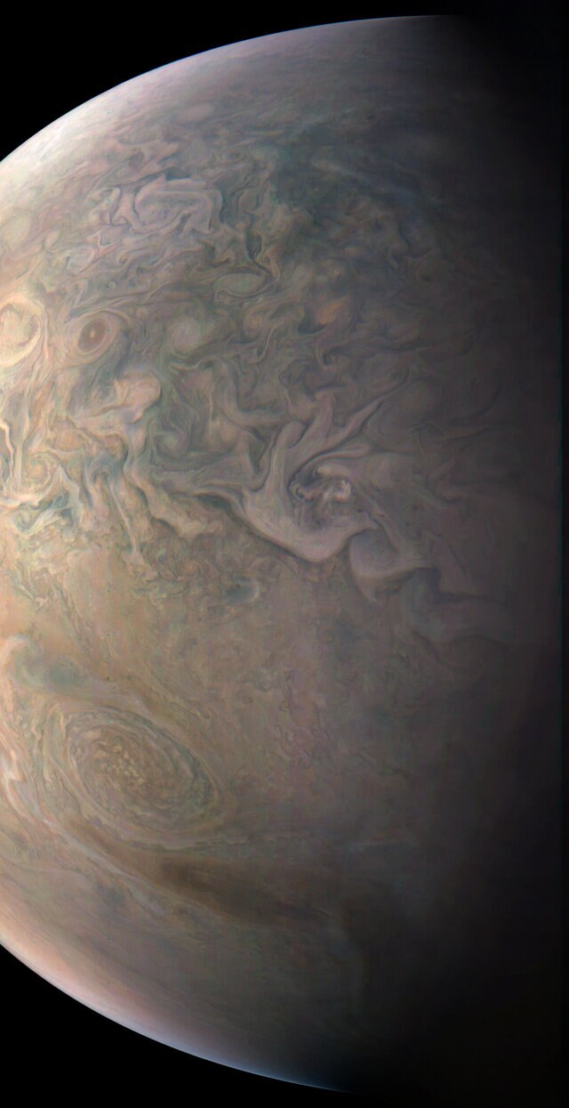 Jupiter from above, seen by the Juno spacecraft in December 2016. Credit: NASA/JPL-Caltech/SwRI/MSSS/Gerald Eichstaedt/John Rogers