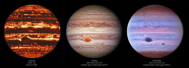 Jupiter in infrared (left), visible light (middle) and ultraviolet (right), all taken on January 11, 2017. Credit: International Gemini Observatory/NOIRLab/NSF/AURA/NASA/ESA, M.H. Wong and I. de Pater (UC Berkeley) et al.