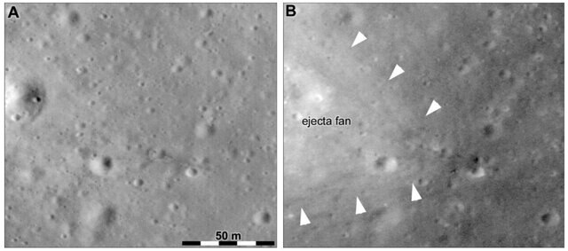 The possible impact site of the Apollo 12 Ascent stage (left), and further processing to highlight what might be a fan of material blown out (right). Credit: NASA/GSFC/Arizona State University / Stooke and Marcus