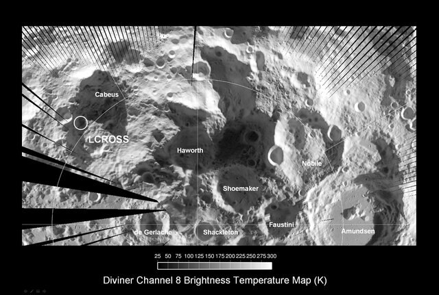 A map of the lunar south pole taken by the LRO Diviner instrument. The image is in the thermal infrared, and measures the temperature of the surface. Credit: NASA/GSFC/Arizona State University