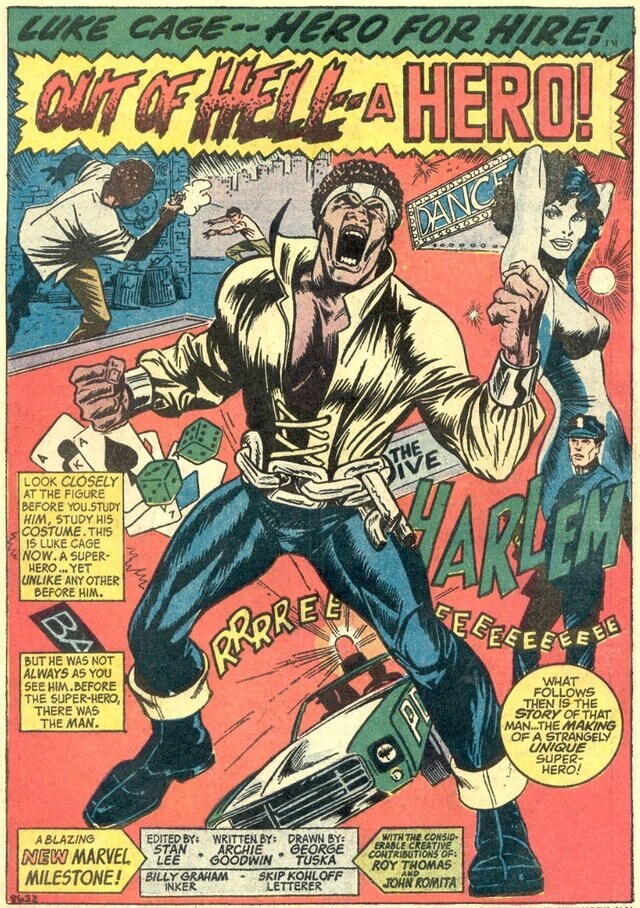 The page 1 splash to the first issue of Luke Cage, Hero For Hire