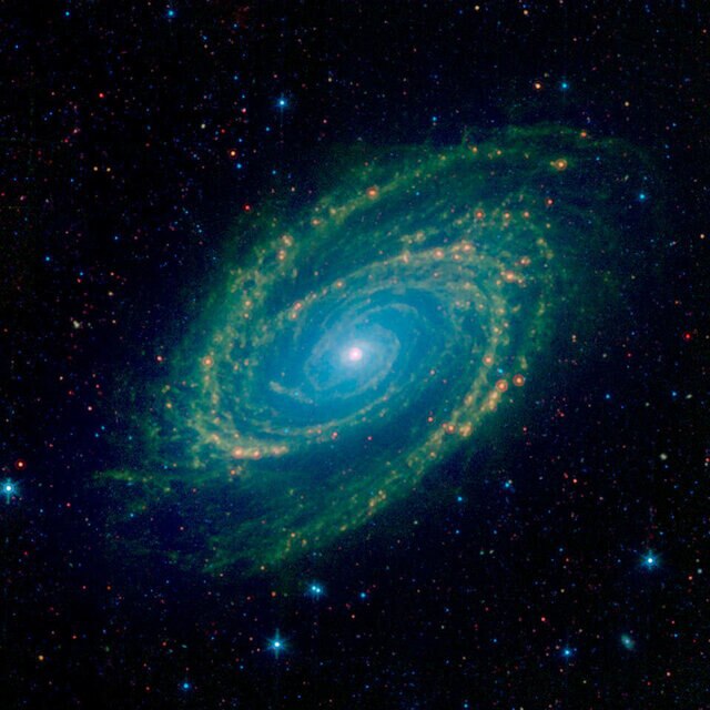 The nearby spiral galaxy M81 seen in four infrared colors by the Spitzer Space Telescope. Credit: NASA/JPL-Caltech