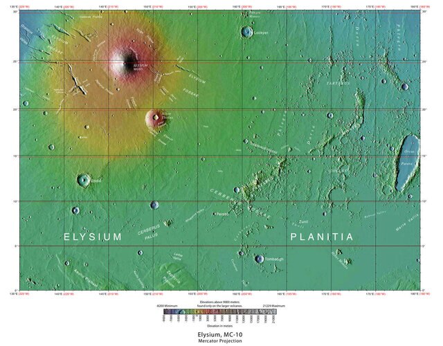 A topographic map of Elysium Planitia on Mars, with features labeled. Credit: USGS/MOLA