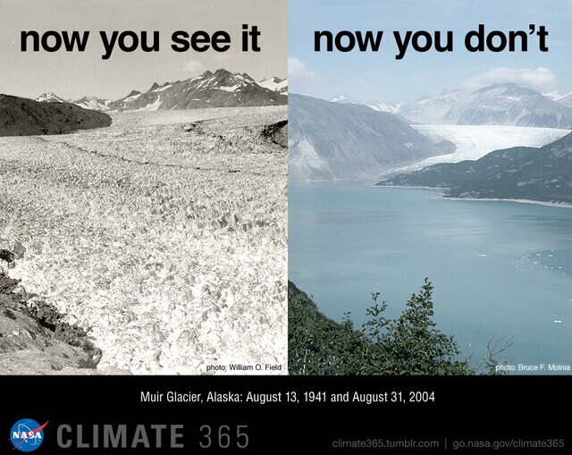 Two image of the same glacier 60 years apart show how far it’s receded. 