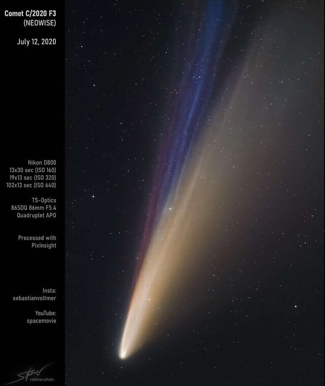 The red ion tail, likely due to colors mixing from sodium and carbon monoxide emission, is clearly seen in this photo taken on 12 July 2020. Credit: Dr. Sebastian Voltmer / www.astrofilm.com