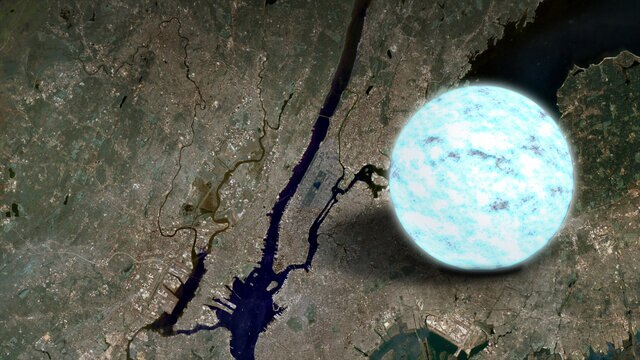 A neutron star is incredibly small and dense, packing the mass of the Sun into a ball just a few kilometers across. This artwork depicts one compared to Manhattan. Credit: NASA's Goddard Space Flight Center