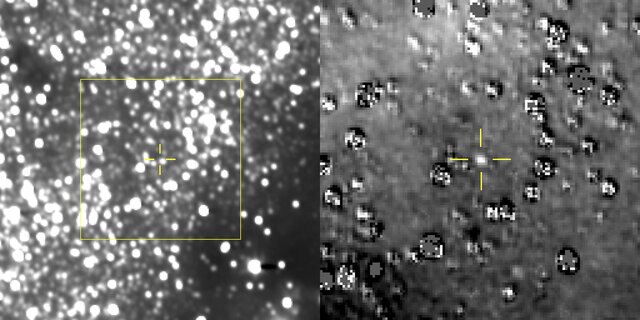 On August 16, 2018, the New Horizons spacecraft took an image of the star field where its target 2014 MU69 was predicted to be (left). On the right is the processed image showing the object. Credit: NASA/Johns Hopkins University Applied Physics Laboratory