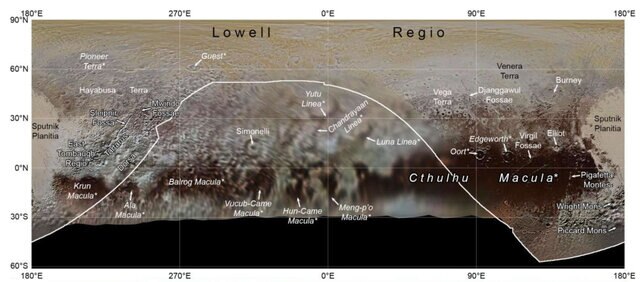 An annotated map of the entire surface of Pluto shows the features in the article. The map is centered on the far side, and the arc-shaped white line is the near/far side boundary (near side is above the line).