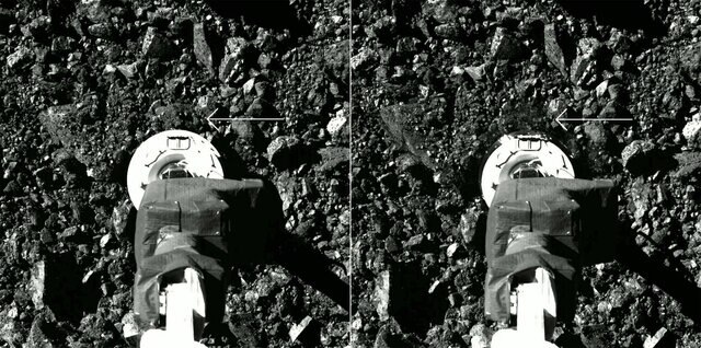 Before (left) and after (right) the TAGSAM made contact with the surface of asteroid Bennu. Note the 20-cm rock (arrowed) crumbled after contact. Credit: NASA/Goddard/University of Arizona