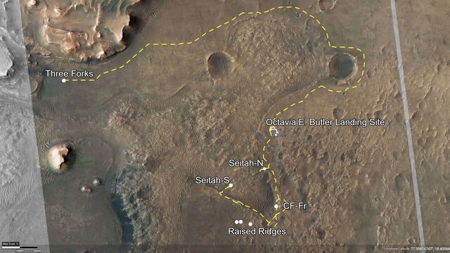 The Mars rover Perseverance planned route takes it south first to the Séítah unit to get samples of the surface, then north and west to the river delta to sample sediments deposited by running water long ago. Credit: NASA/JPL-Caltech/University of Arizona