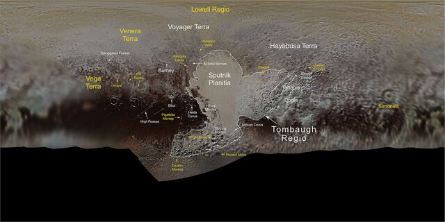 An annotated map of Pluto’s surface; Cthulhu Macula is the dark region to the west (left) of Sputnik Planitia. Credit: NASA / JHUAPL / SwRI / Ross Beyer