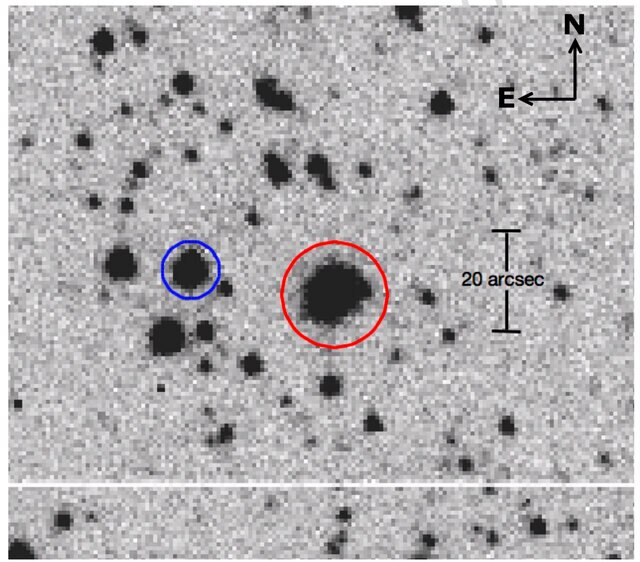 An image showing the star UCAC2 139-209445 (red circle) 7.5 hours before Pluto (blue circle) passed directly in front of it on 29 June 2015, taken by a telescope in Chile. Credit: Person et al.