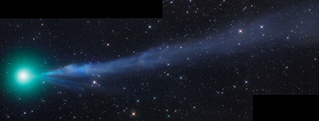 Comet C/2014 Q2 Lovejoy in late December, 2014, shows the diffuse green glow of diatomic carbon around the head, but also a spectacular tail glowing blue (likely also due at least in part to C2) that stretched for millions of kilometers.