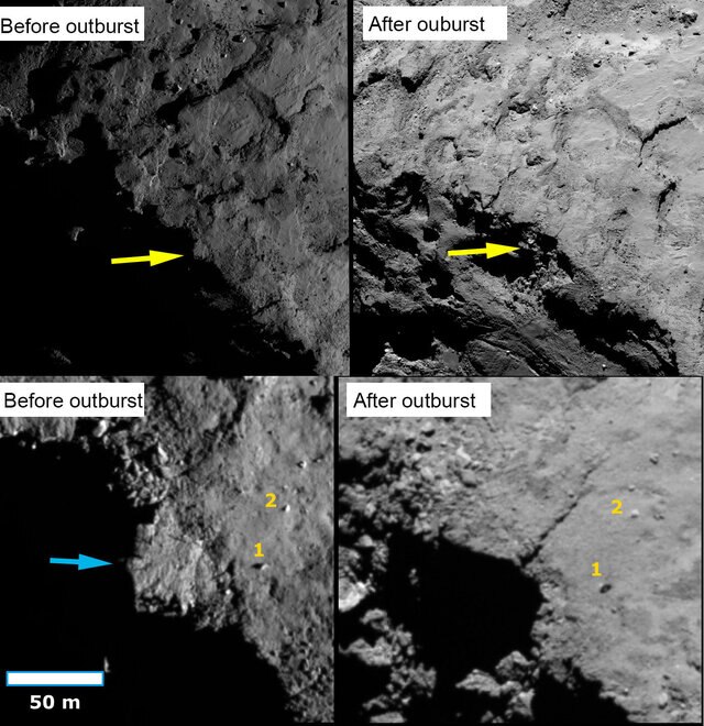 Before (left) and after (right) images show a cliff collapse (blue arrow) on comet 67P. The bottom row shows the area in more detail, with two rocks arrowed for orientation.