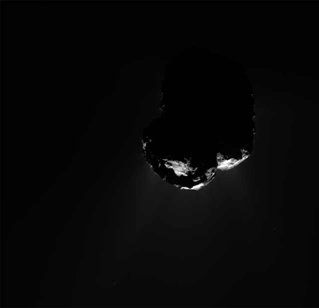 Animation showing a large outburst event on comet 67P in September 2015, which may have been due to a cliff face collapsing. Credit: ESA/Rosetta/MPS for OSIRIS Team MPS/UPD/LAM/IAA/SSO/INTA/UPM/DASP/IDA (CC BY-SA 4.0)
