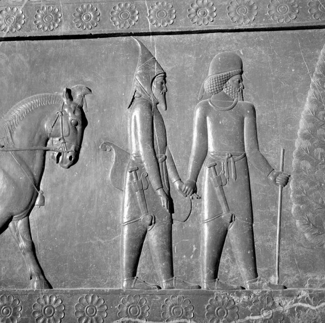 Scythian man and his horse depicted in Persian artwork