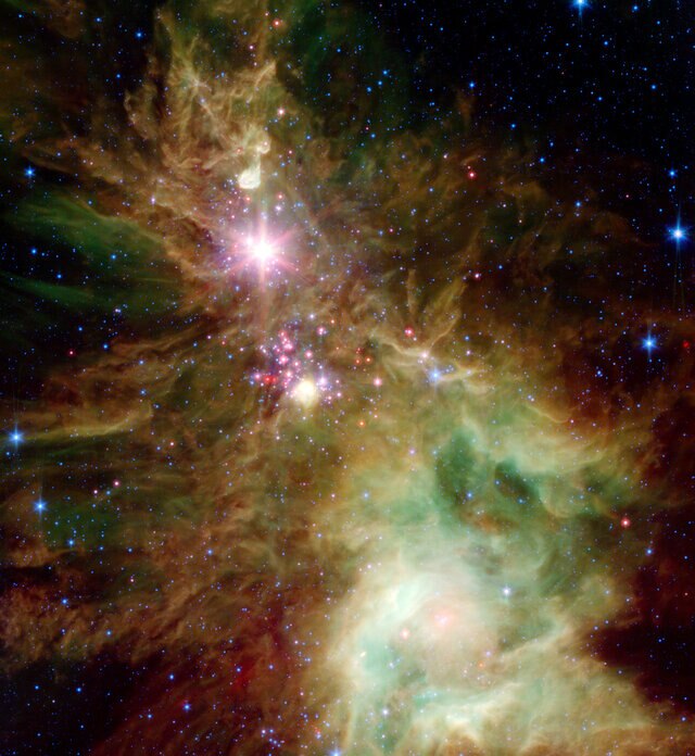 The cluster and nebula NGC 2264 seen in the far infrared by the Spitzer Space Telescope. Credit: NASA/JPL-Caltech/P.S. Teixeira (Center for Astrophysics)